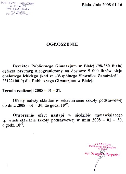 Zdjęcie Przetarg nieograniczony na dostawę 5000 litrów oleju opałowego lekkiego dla Publicznego Gimnazjum w Białej _011_001_112085