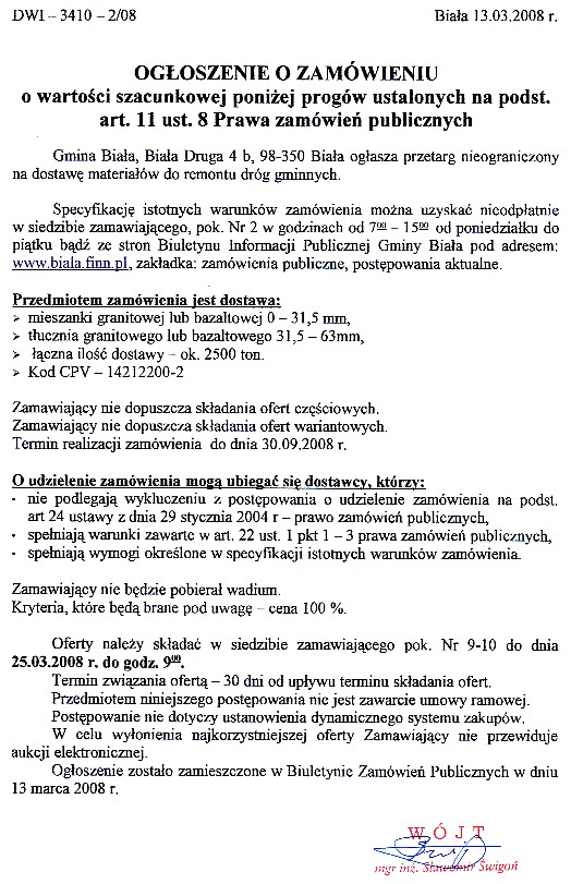 Zdjęcie Ogłoszenie o zamówieniu - przetarg nieograniczony na dostawę materiałów do remontu dróg gminnych _011_001_118330