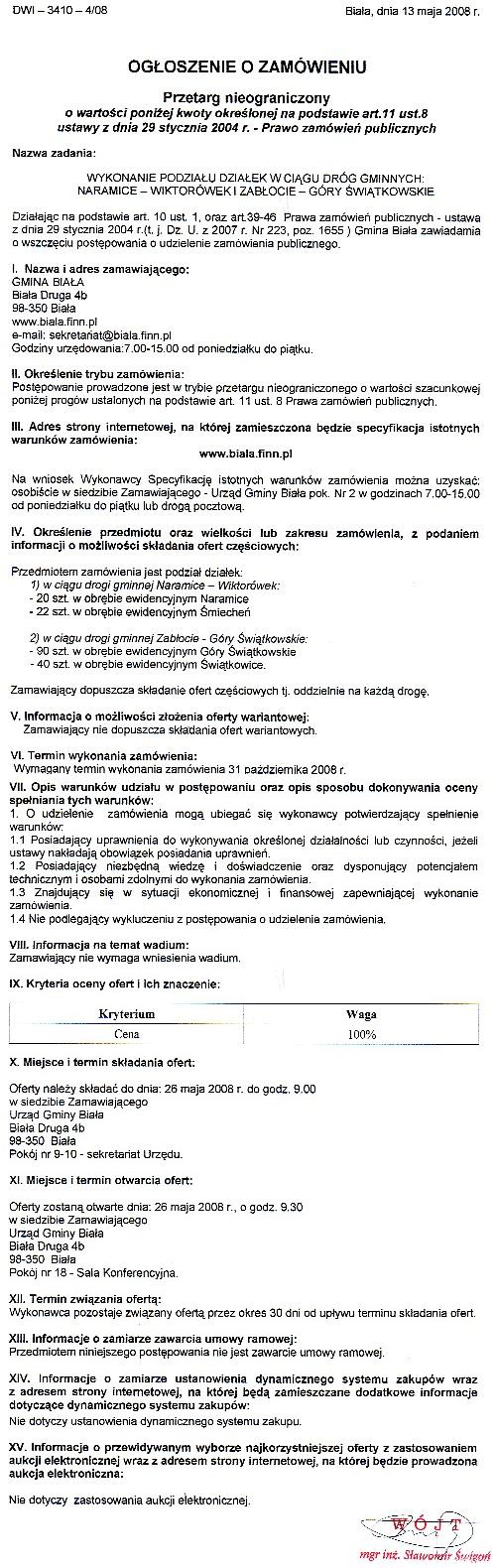 Zdjęcie Przetarg nieograniczony na wykonanie podziału działek w ciągu dróg gminnych Naramice - Wiktorówek i Zabłocie - Góry Świątkowskie _011_001_123210