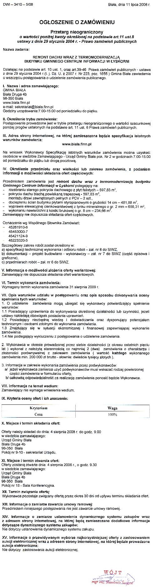 Zdjęcie Ogłoszenie o udzielenie zamówienia publicznego - Remont dachu wraz z termomodernizacją Gminnego Centrum Informacji w Łyskorni _011_001_130552