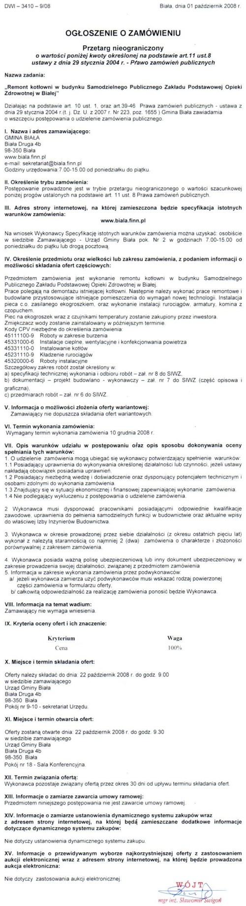 Zdjęcie Ogłoszenie o zamówieniu - Remont kotłowni w budynku SPZPOZ w Białej _011_001_137470