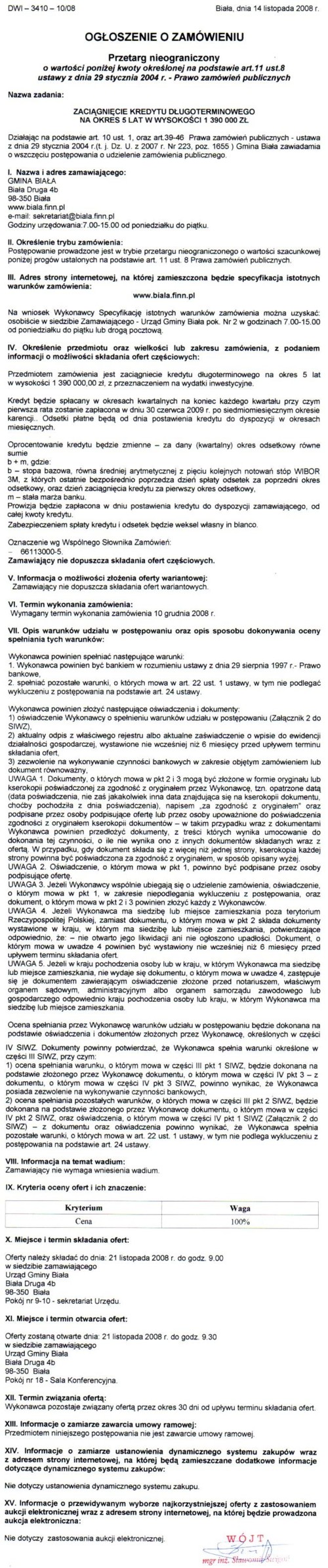 Zdjęcie Ogłoszenie o zamówieniu - Zaciągnięcie kredytu długoterminowego na okres 5 lat w wysokości 1 390 000 zł _011_001_144735