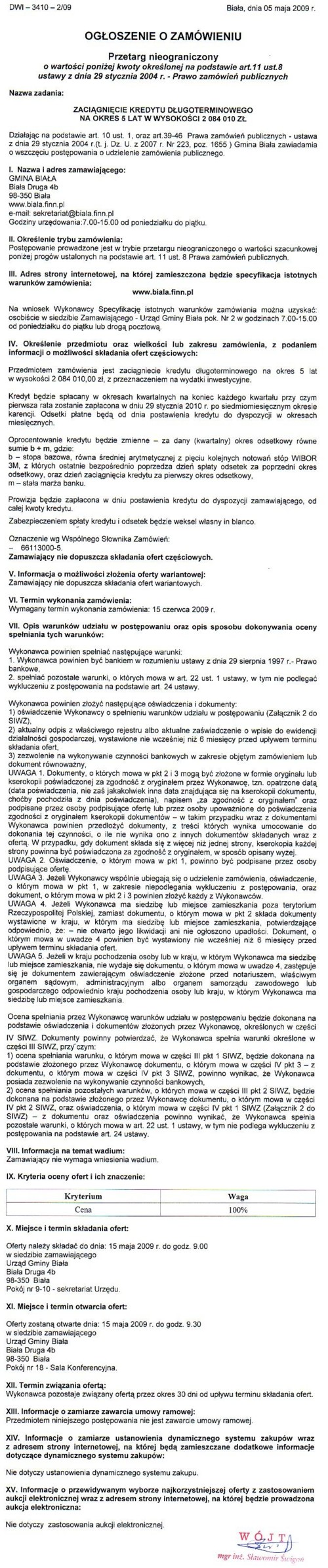 Zdjęcie Ogłoszenie o zamówieniu - Zaciągnięcie kredytu długoterminowego na okres 5 lat w wysokości 2 084 010 zł _011_001_162853