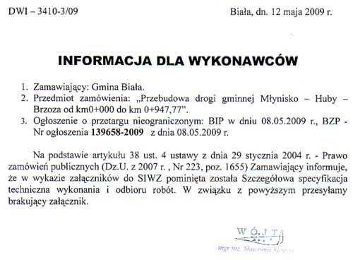 Zdjęcie Informacja dla wykonawców - dot zamówienia Przebudowa drogi gminnej Młynisko - Huby - Brzoza od km 0+000 do km 0+947,77 _011_001_163789