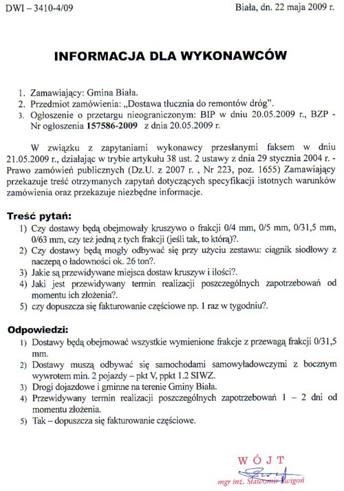 Zdjęcie Informacja dla wykonawców - dot zamówienia Dostawa tłucznia do remontu dróg _011_001_165715