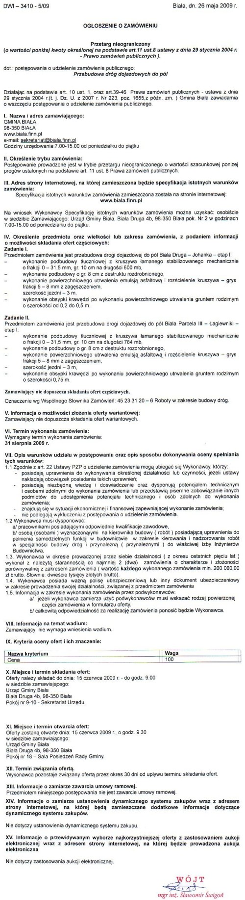 Zdjęcie Ogłoszenie o zamówieniu - Przebudowa dróg dojazdowych do pól _011_001_166632
