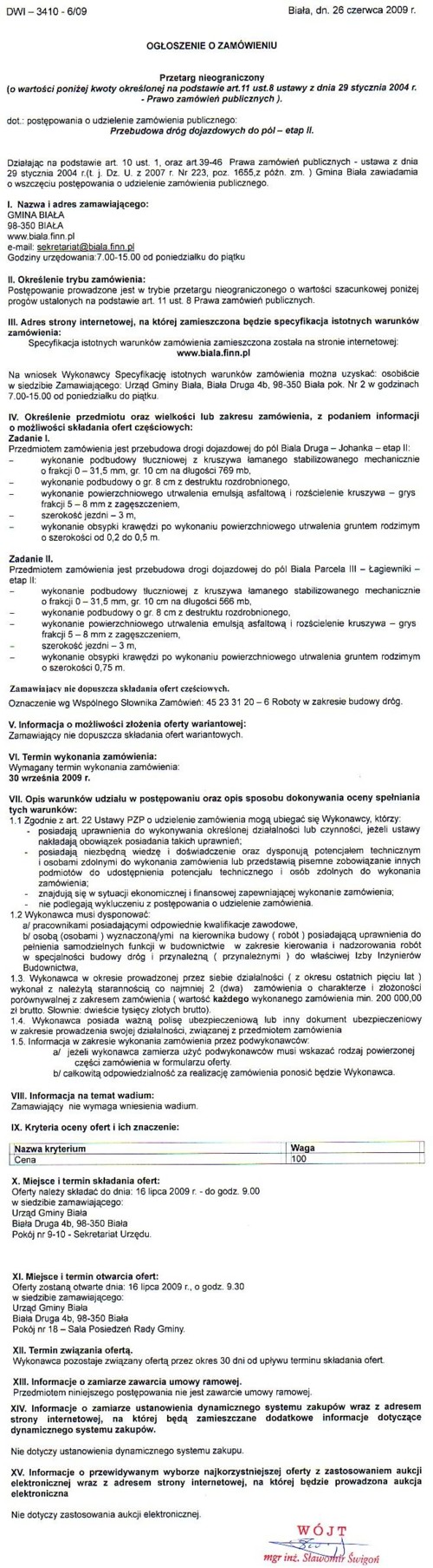 Zdjęcie Ogłoszenie o zamówieniu - Przebudowa dróg dojazdowych do pól - etap II _011_001_171364