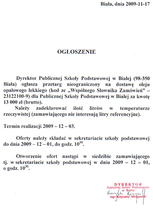 Zdjęcie Ogłoszenie - Przetarg nieograniczony na dostawę oleju opałowego lekkiego dla Publicznej Szkoły Podstawowej w Białej _011_001_185702