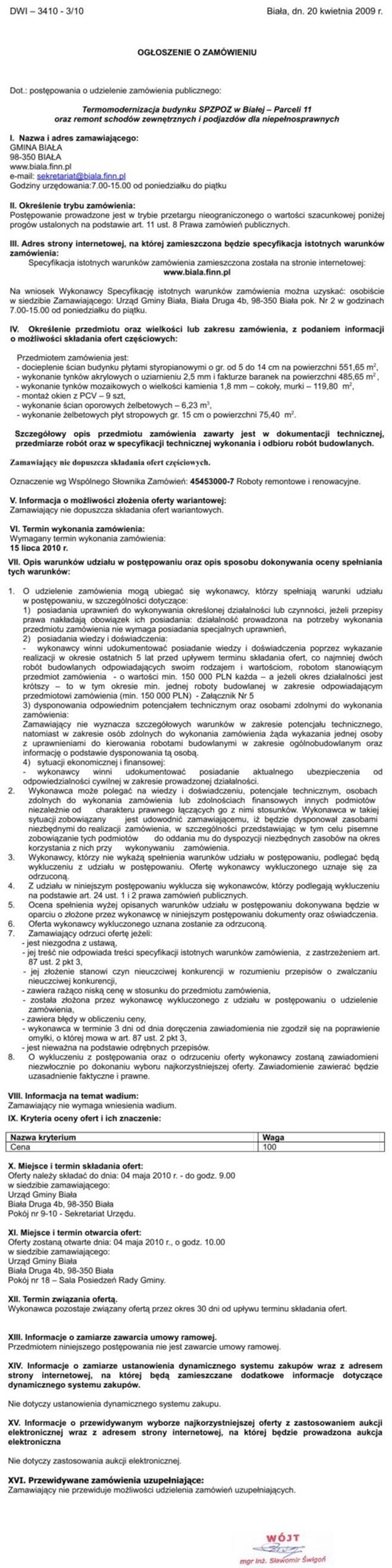 Zdjęcie Ogłoszenie o zamówieniu - Termomodernizacja budynku SPZPOZ w Białej - Parceli 11 oraz remont schodów zewnętrznych i podjazdów dla niepełnosprawnych _011_001_201739