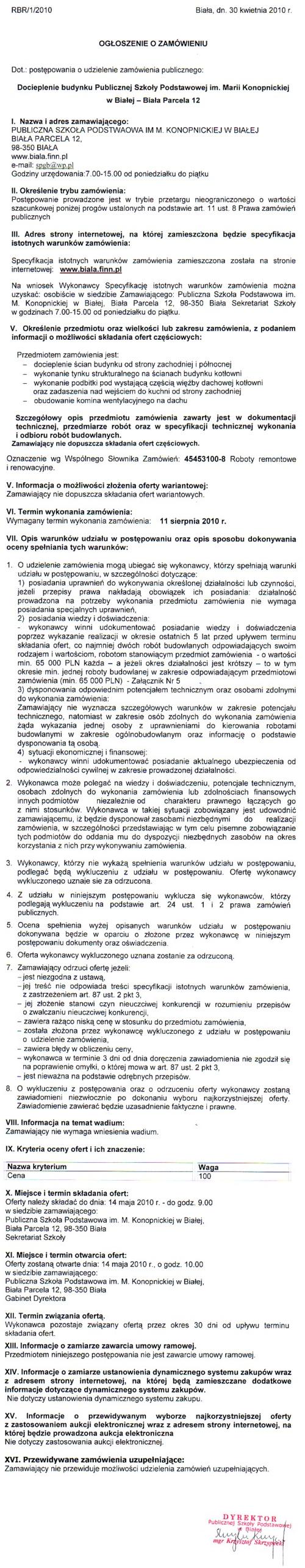 Zdjęcie Ogłoszenie o zamówieniu - Docieplenie budynku Publicznej Szkoły Podstawowej im Marii Konopnickiej w Białej - Biała Parcela 12 _011_001_202910