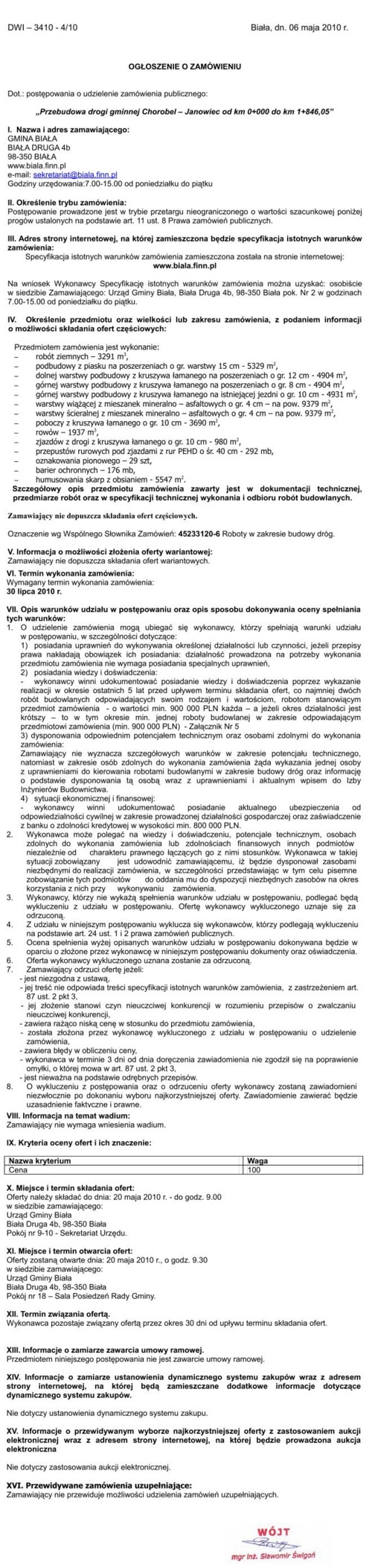 Zdjęcie Ogłoszenie o zamówieniu - Przebudowa drogi gminnej Chorobel - Janowiec od km 0+000 do km 1+846,05 _011_001_203377