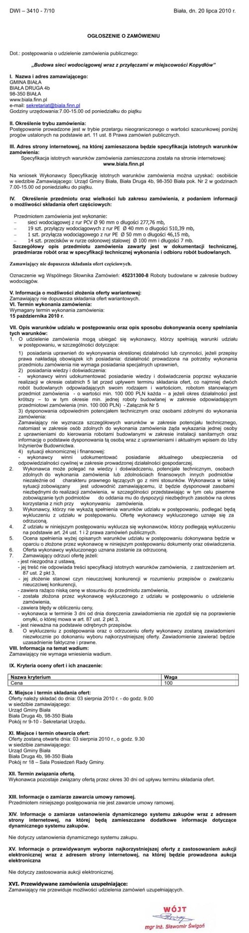 Zdjęcie Ogłoszenie o zamówieniu - Budowa sieci wodociągowej wraz z przyłączami w miejscowości Kopydłów _011_001_210571