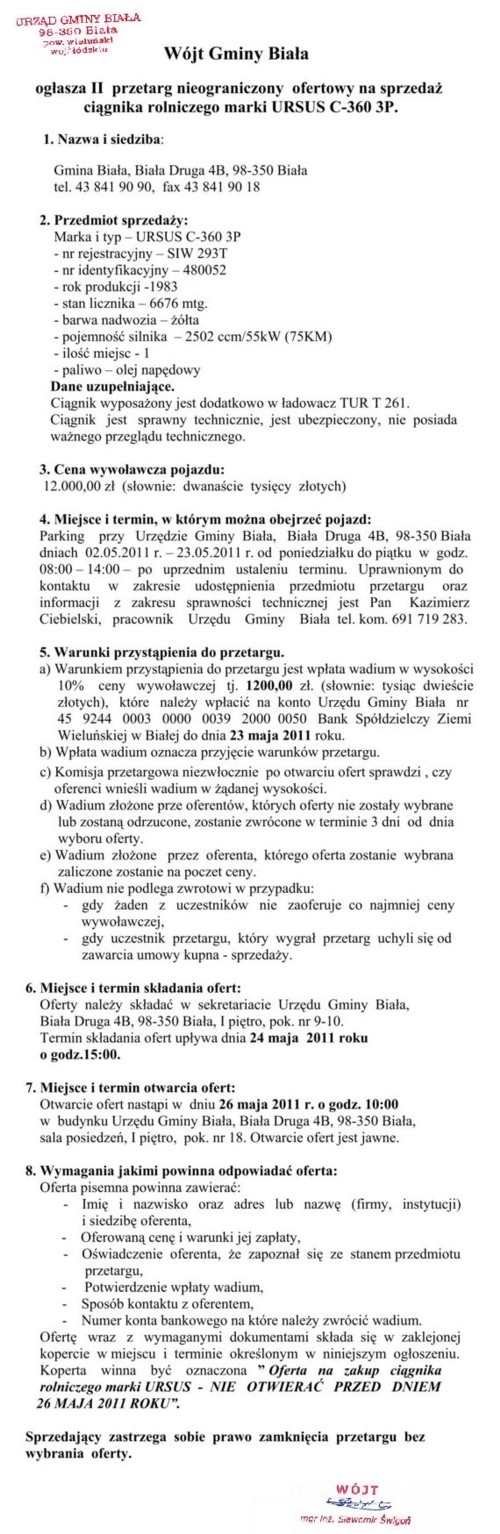 Zdjęcie Ogłoszenie dot II przetargu nieograniczonego ofertowego na sprzedaż ciągnika rolniczego marki URSUS C-360 3P _011_001_246852