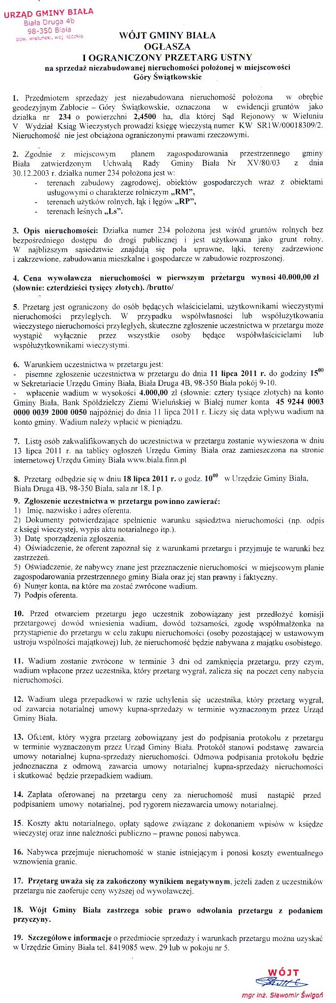 Zdjęcie Ogłoszenie dot I ograniczonego przetargu ustmego na sprzedaż niezabudowanej nieruchomości położonej w m Góry Świątkowskie _011_001_251271