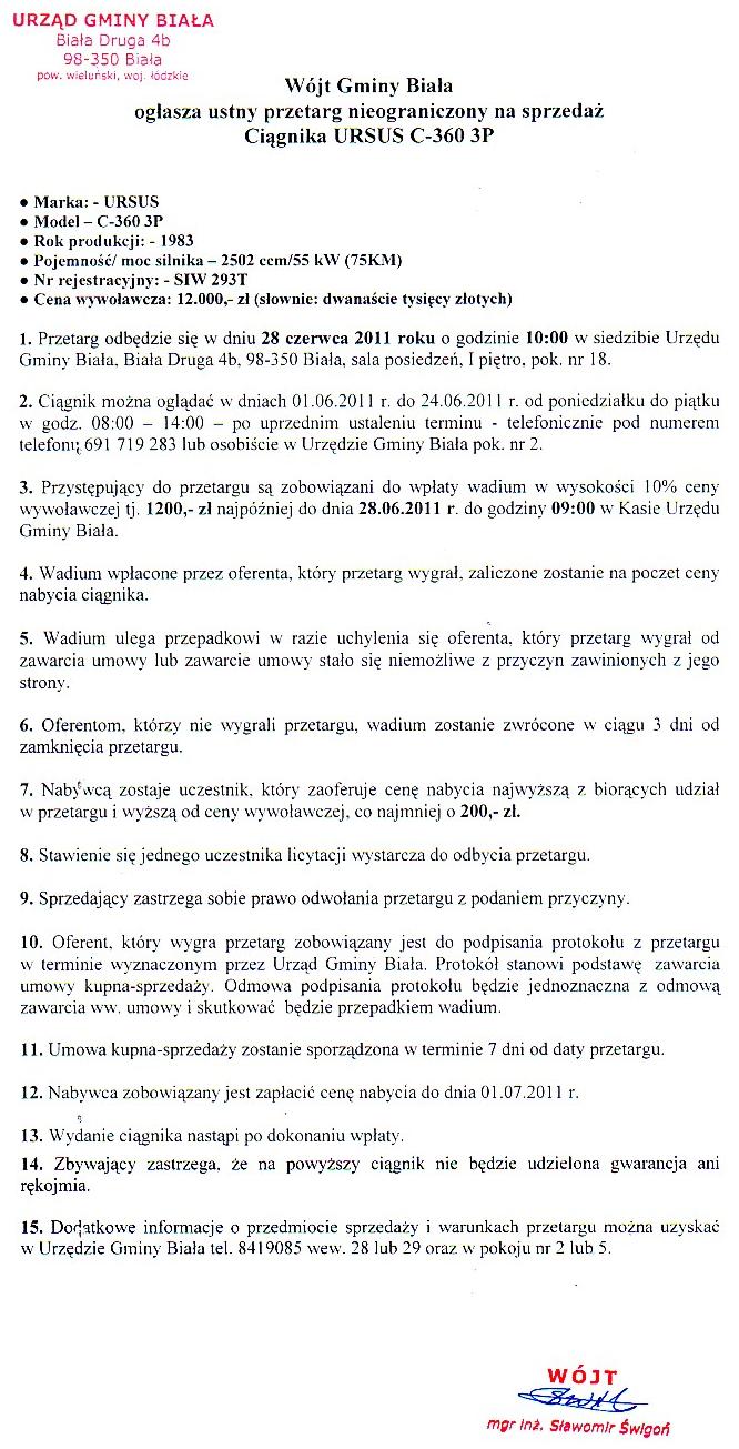Zdjęcie Ogłoszenie dot ustnego przetargu nieograniczonego na sprzedaż ciągnika URSUS C-360 3P _011_001_251277