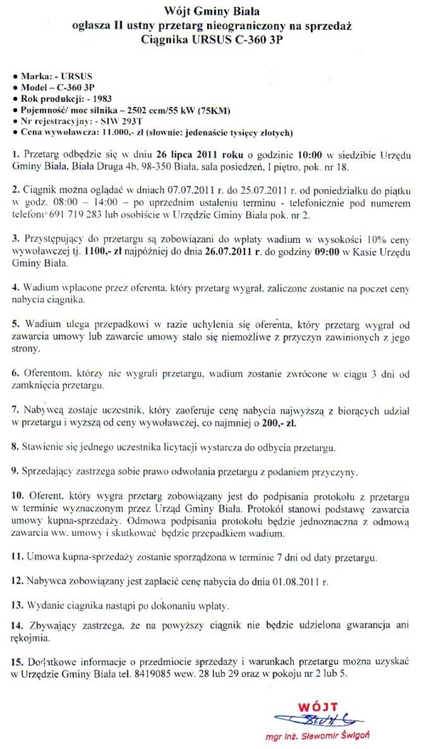 Zdjęcie Ogłoszenie dot II ustnego przetargu nieograniczonego na sprzedaż ciągnika URSUS C-360 3P _011_001_256952