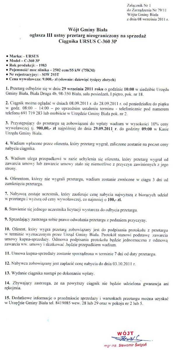 Zdjęcie Ogłoszenie dot III ustnego przetargu nieograniczonego na sprzedaż Ciągnika URSUS C-360 3P _011_001_265892