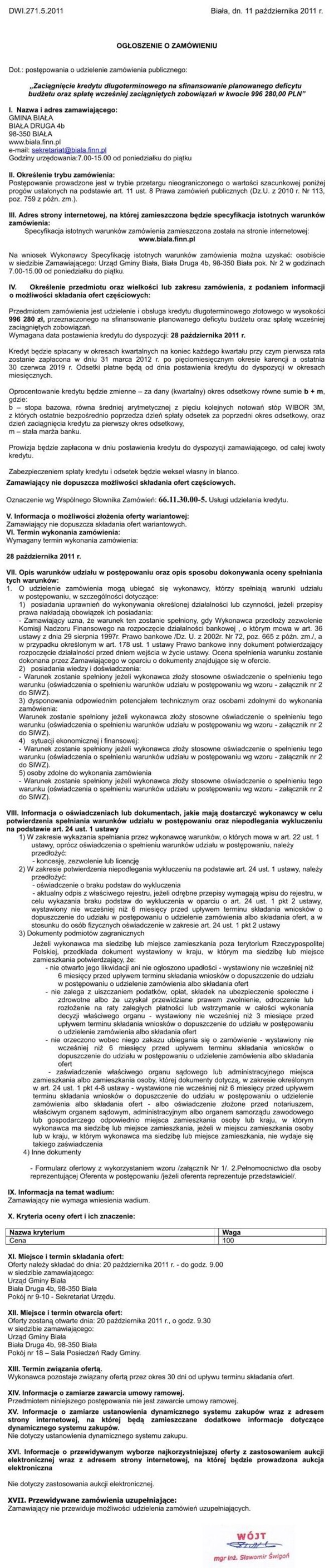 Zdjęcie Ogłoszenie - Zaciągnięcie kredytu długoterminowego w kwocie 996 280,00 PLN _011_001_270212