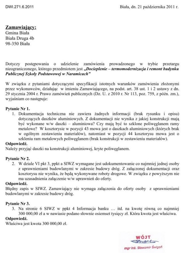 Zdjęcie Wyjaśnienie treści SIWZ - Docieplenie - termomodernizacja i remont budynku Publicznej Szkoły Podstawowej w Naramicach _011_001_271974