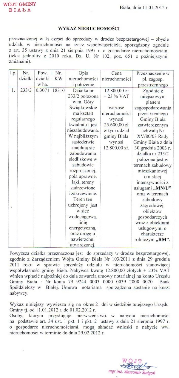 Zdjęcie Wykaz nieruchomości przeznaczonej do sprzedaży w drodze bezprzetargowej _011_001_283296