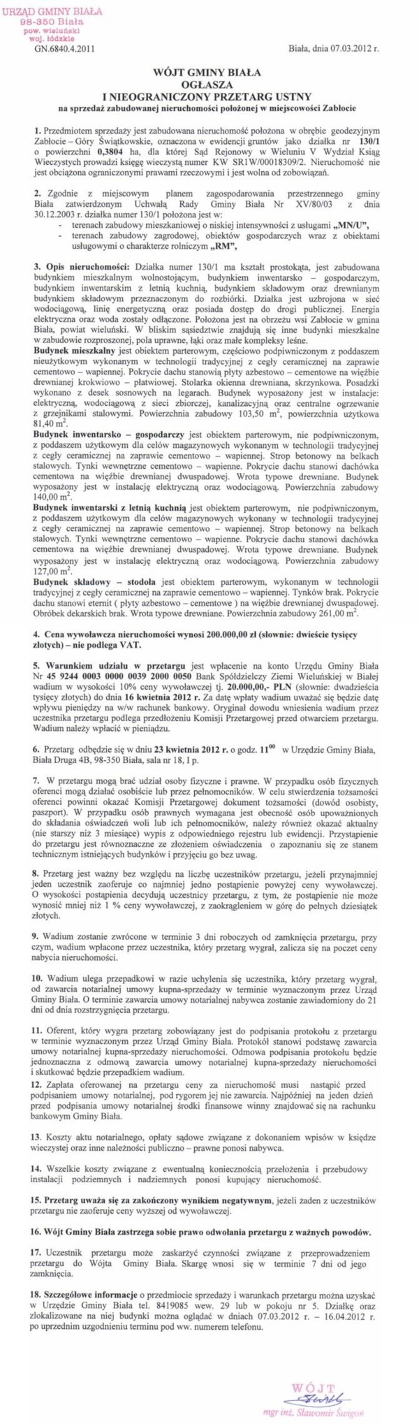 Zdjęcie I Nieograniczony Przetarg Ustny na sprzedaż zabudowanej nieruchomości położonej w miejscowości Zabłocie _011_001_290337