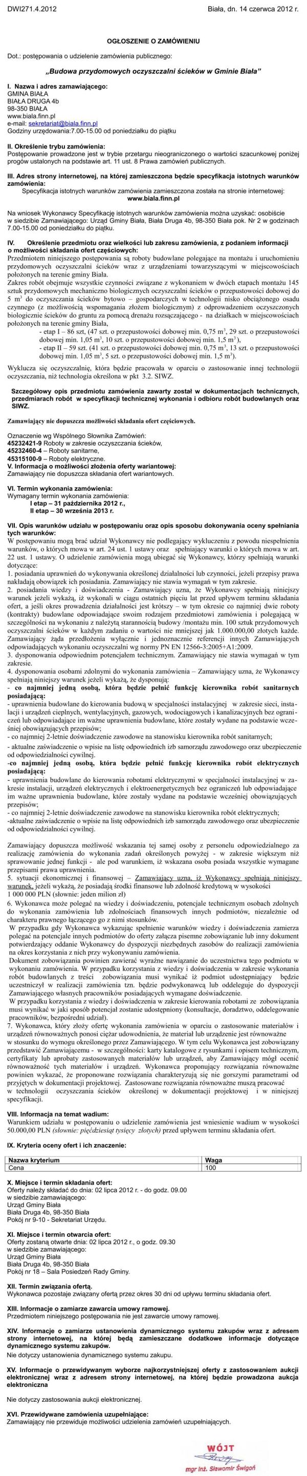 Zdjęcie Ogłoszenie - Budowa przydomowych oczyszczalni ścieków w Gminie Biała _011_001_303246