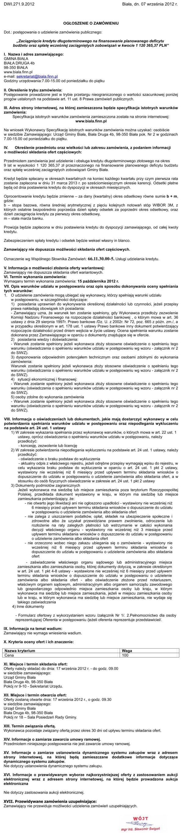 Zdjęcie Ogłoszenie o zamówieniu - Zaciągnięcie kredytu długoterminowego w kwocie 1 120 365,37 PLN _011_001_313062