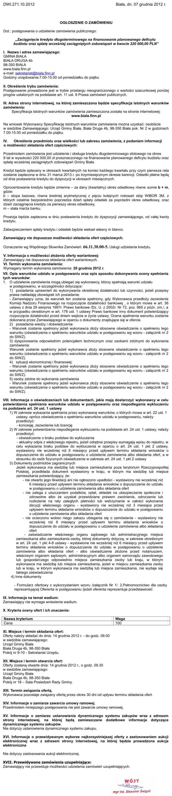 Zdjęcie Ogłoszenie o zamówieniu - Zaciągnięcie kredytu długoterminowego w kwocie 220 000,00 PLN _011_001_327777