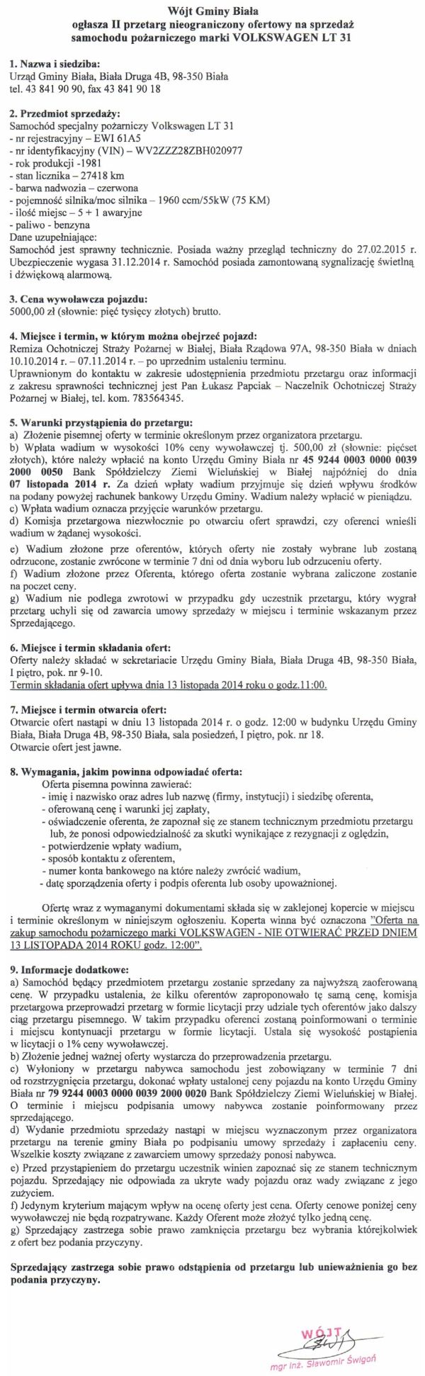 Zdjęcie II przetarg nieograniczony ofertowy na sprzedaż samochodu pożarniczego marki VOLKSWAGEN LT 31 _011_001_419609