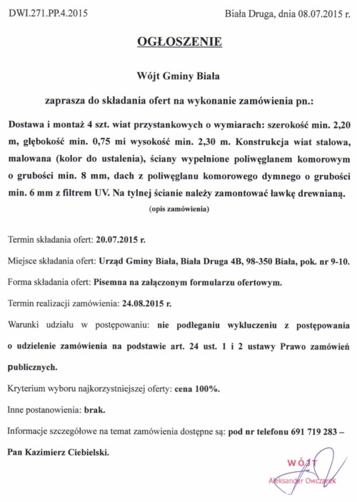 Zdjęcie Zaproszenie do składania ofert - dostawa i montaż 4 szt wiat przystankowych _011_001_460523
