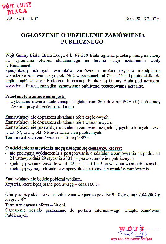 Zdjęcie Ogłoszenie o udzielenie zamówienia publicznego (przetarg nieograniczony na wykonanie otworu studziennego w Naramicach) _011_001_86223