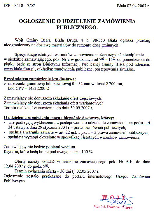 Zdjęcie Ogłoszenie o udzielenie zamówienia publicznego (przetarg nieograniczony na dostawę materiałów do remontu dróg gminnych) _011_001_87555