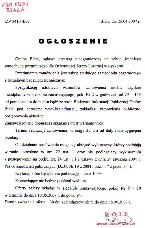 Zdjęcie Przetarg nieograniczony na zakup średniego samochodu pożarniczego dla OSP w Łyskorni _011_001_90070