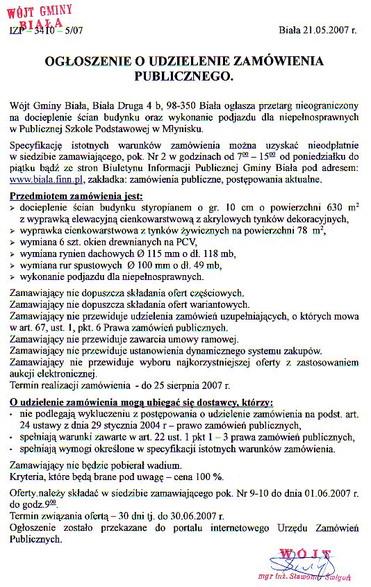Zdjęcie Przetarg nieograniczony na docieplenie ścian budynku oraz wykonanie podjazdu dla niepełnosprawnych w PSP w Młynisku _011_001_93237