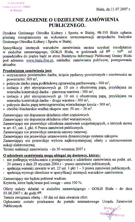 Zdjęcie Ogłoszenie o udzielenie zamówienia publicznego na wykonanie termorenowacji stropodachu budynku GOKiS w Białej _011_001_98856