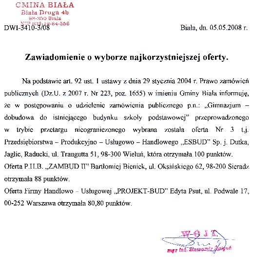 Zdjęcie Zawiadomienie o wyborze najkorzystniejszej oferty (Gimnazjum - dobudowa do istniejącego budynku szkoły podstawowej) _011_002_122255