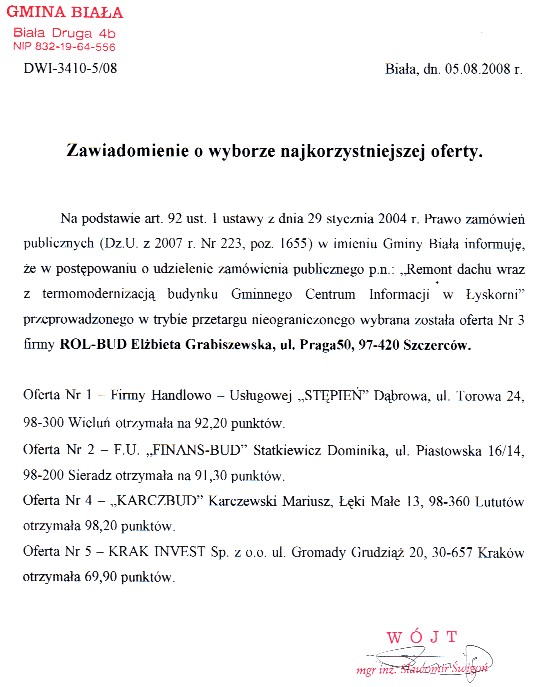 Zdjęcie Zawiadomienie o wyborze najkorzystniejszej oferty _011_002_133223