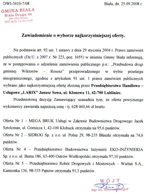 Zdjęcie Zawiadomienie o wyborze najkorzystniejszej oferty - Przebudowa drogi gminnej Wiktorów - Rososz _011_002_136946