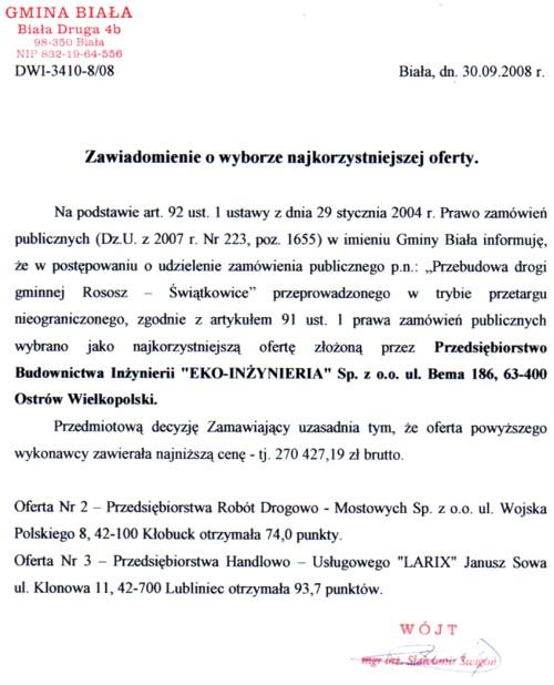 Zdjęcie Zawiadomienie o wyborze najkorzystniejszej oferty - Przebudowa drogi gminnej Rososz - Świątkowice _011_002_137448
