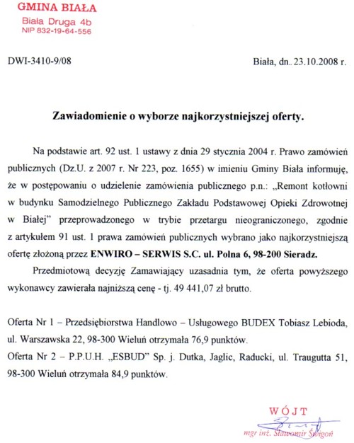 Zdjęcie Zawiadomienie o wyborze najkorzystniejszej oferty _011_002_139505