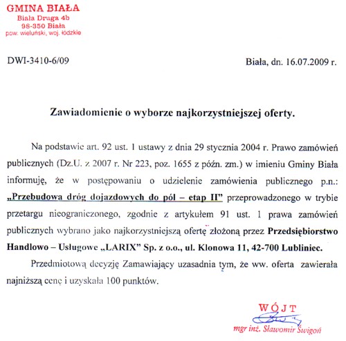 Zdjęcie Zawiadomienie o wyborze najkorzystniejszej oferty _011_002_174592