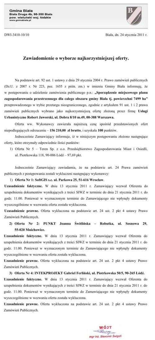 Zdjęcie Zawiadomienie o wyborze najkorzystniejszej oferty - Sporządzenie miejscowego planu zagospodarowania przestrzennego dla całego obszaru gminy Biała tj powierzchni 7499 ha _011_002_232288