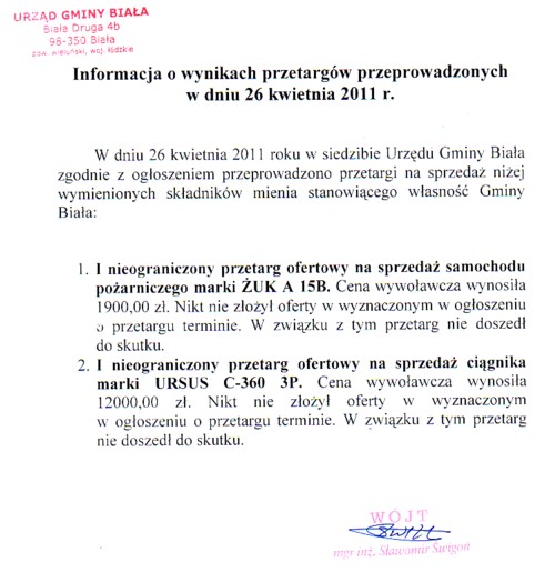 Zdjęcie Informacja o wynikach przetargów przeprowadzonych w dniu 26 kwietnia 2011 r _011_002_246896