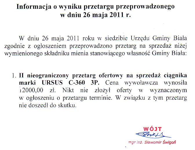 Zdjęcie Informacja o wyniku przetargu na sprzedaż ciągnika marki URSUS C-360 3P _011_002_251273