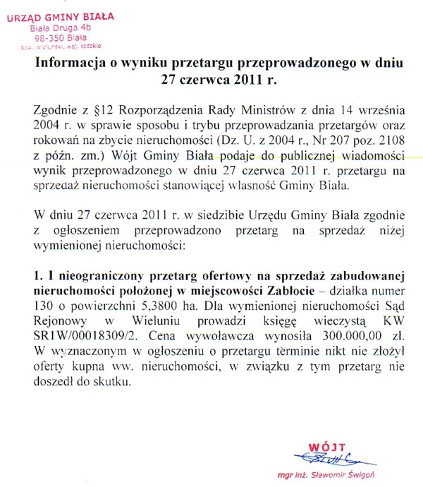 Zdjęcie Informacja o wyniku przetargu dot sprzedaży zabudowanej nieruchomości położonej w m Zabłocie _011_002_255369