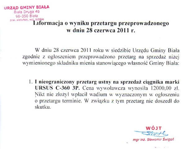 Zdjęcie Informacja o wyniku przetargu dot sprzedaży ciągnika marki URSUS C-360 3P _011_002_256543