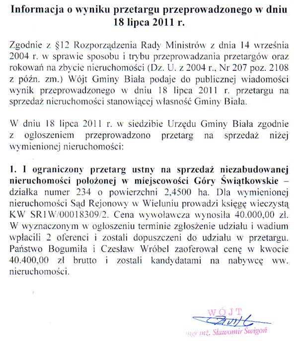 Zdjęcie Informacja o wyniku przetargu dot sprzedaży niezabudowanej nieruchomości położonej w m Góry Świątkowskie _011_002_259815