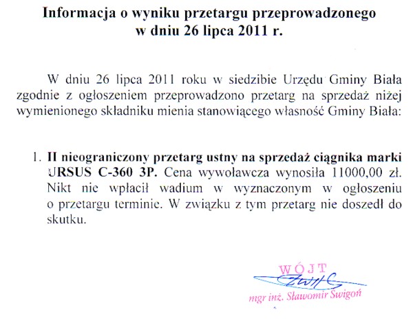 Zdjęcie Informacja o wyniku przetargu dot sprzedaży ciągnika marki URSUS C-360 3P _011_002_259816