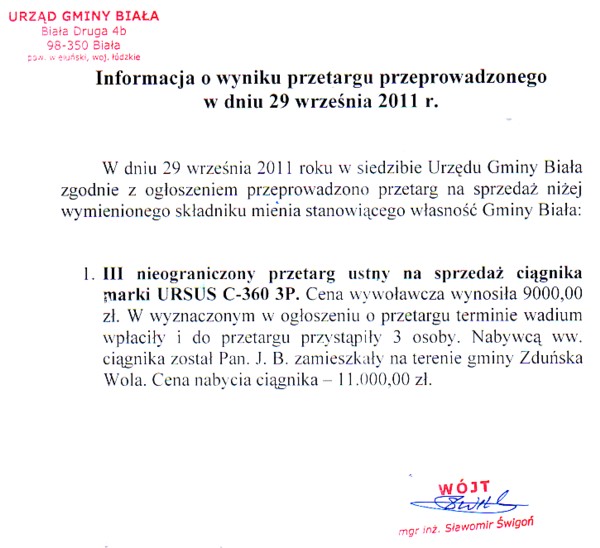 Zdjęcie Informacja o wyniku przetargu dot sprzedaży ciągnika marki URSUS C-360 3P _011_002_270266
