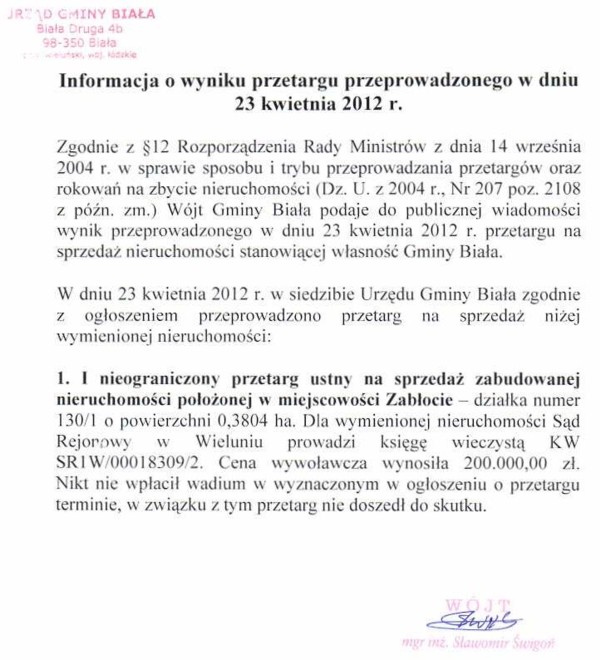 Zdjęcie Informacja o wyniku przetargu przeprowadzonego w dniu 23 kwietnia 2012 r _011_002_296482
